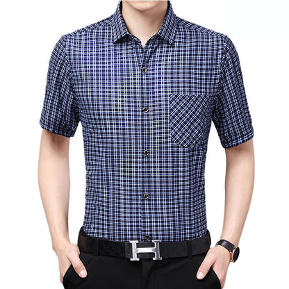 Mens Shirt Plaid Short Sleeve Flip-Cuff Stretch Slim Fit office