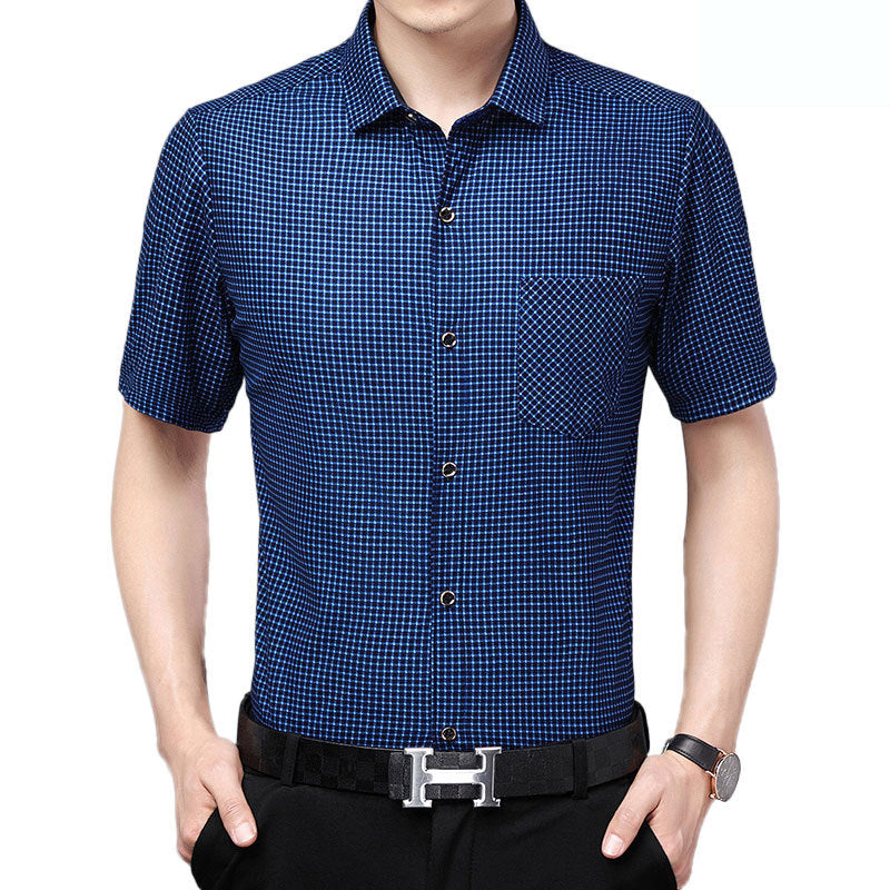 Mens Shirt Plaid Short Sleeve Flip-Cuff Stretch Slim Fit office
