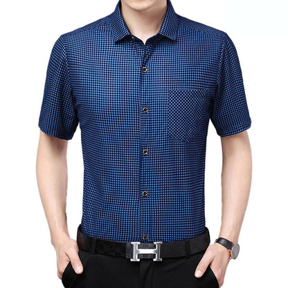 Mens Shirt Plaid Short Sleeve Flip-Cuff Stretch Slim Fit office