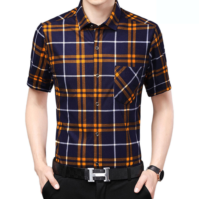 Mens Shirt Plaid Short Sleeve Flip-Cuff Stretch Slim Fit office