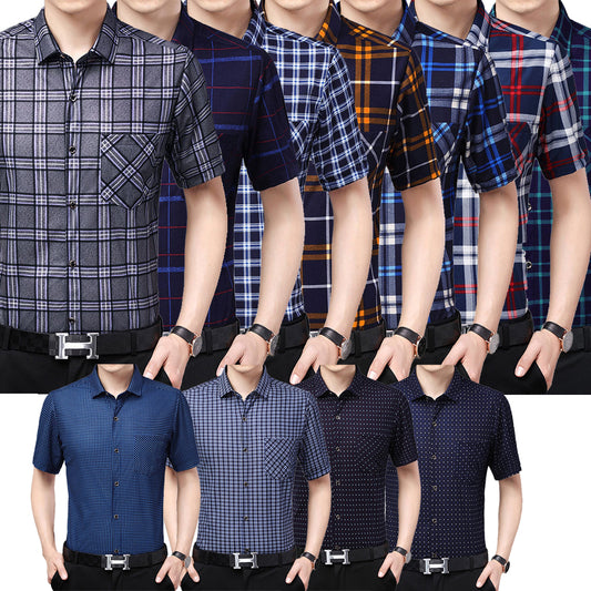 Mens Shirt Plaid Short Sleeve Flip-Cuff Stretch Slim Fit office