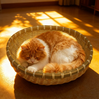 Round Natural Bamboo Cat Bed Anti-scratch Breathable Dog Pet Bed Basket Sofa