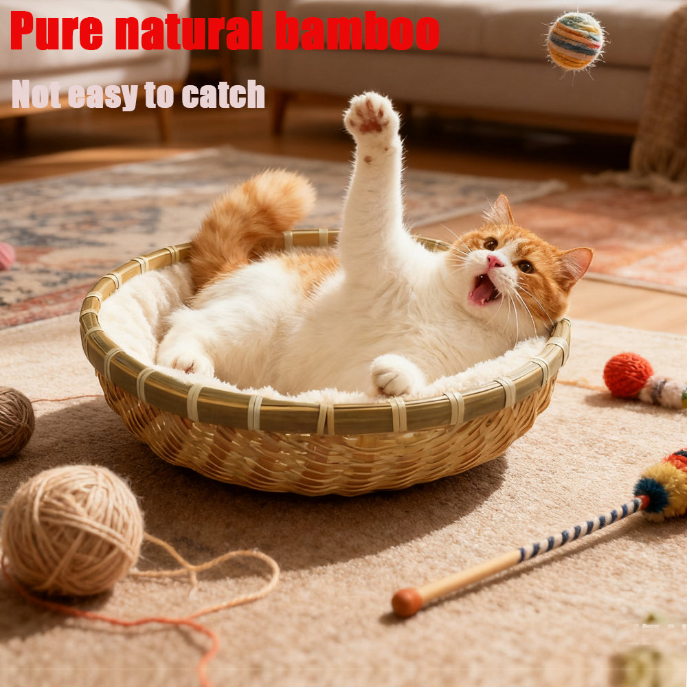 Round Natural Bamboo Cat Bed Anti-scratch Breathable Dog Pet Bed Basket Sofa
