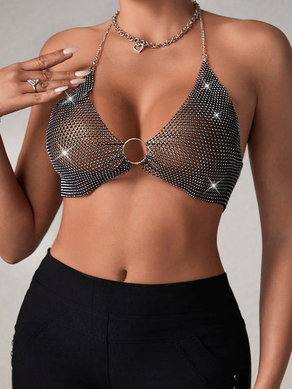 Women Rhinestone Chest Chain Bling Jewelry Bikini Bra Sexy Lingerie Club Top