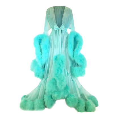Sexy Women's Mesh Feather Sleepwear Night Gown Long Babydoll Dress Nightie Robe