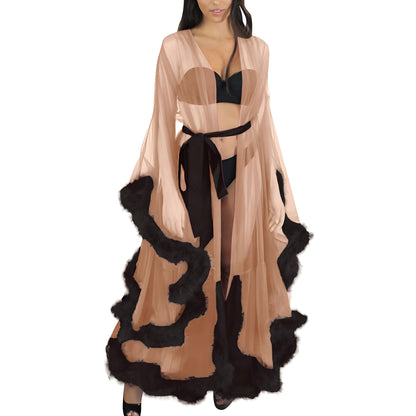 Sexy Women's Mesh Feather Sleepwear Night Gown Long Babydoll Dress Nightie Robe