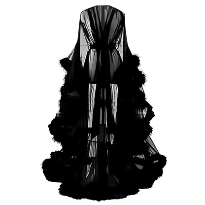 Sexy Women's Mesh Feather Sleepwear Night Gown Long Babydoll Dress Nightie Robe