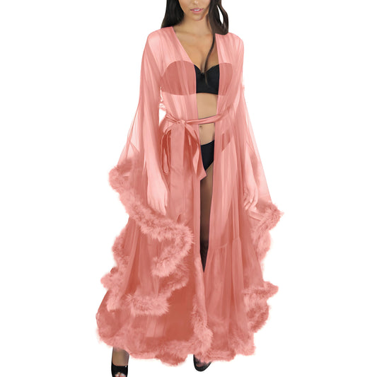 Sexy Women's Mesh Feather Sleepwear Night Gown Long Babydoll Dress Nightie Robe