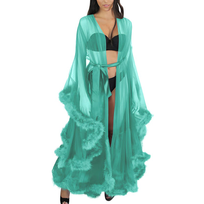 Sexy Women's Mesh Feather Sleepwear Night Gown Long Babydoll Dress Nightie Robe