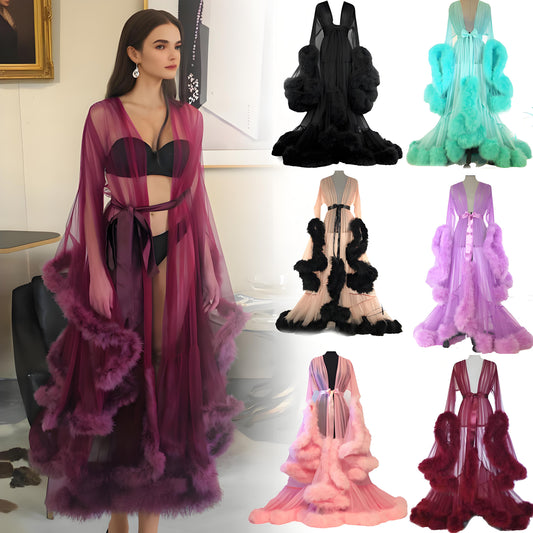 Sexy Women's Mesh Feather Sleepwear Night Gown Long Babydoll Dress Nightie Robe
