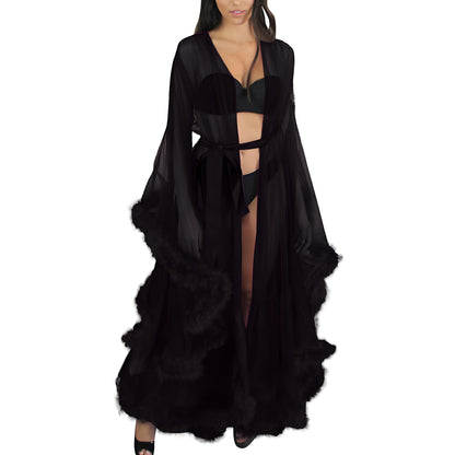 Sexy Women's Mesh Feather Sleepwear Night Gown Long Babydoll Dress Nightie Robe