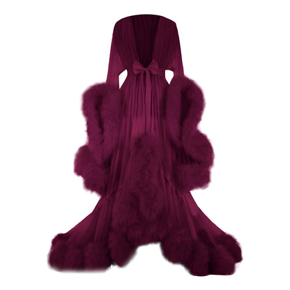 Sexy Women's Mesh Feather Sleepwear Night Gown Long Babydoll Dress Nightie Robe
