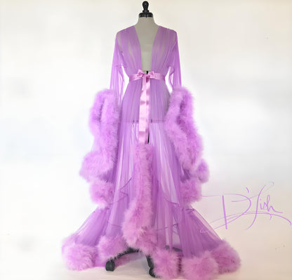 Sexy Women's Mesh Feather Sleepwear Night Gown Long Babydoll Dress Nightie Robe
