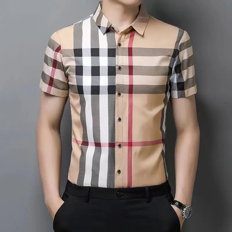 Men's Plaid Shirt Short Sleeve Engineered Stripe Button Down Gingham Shirts T-xu