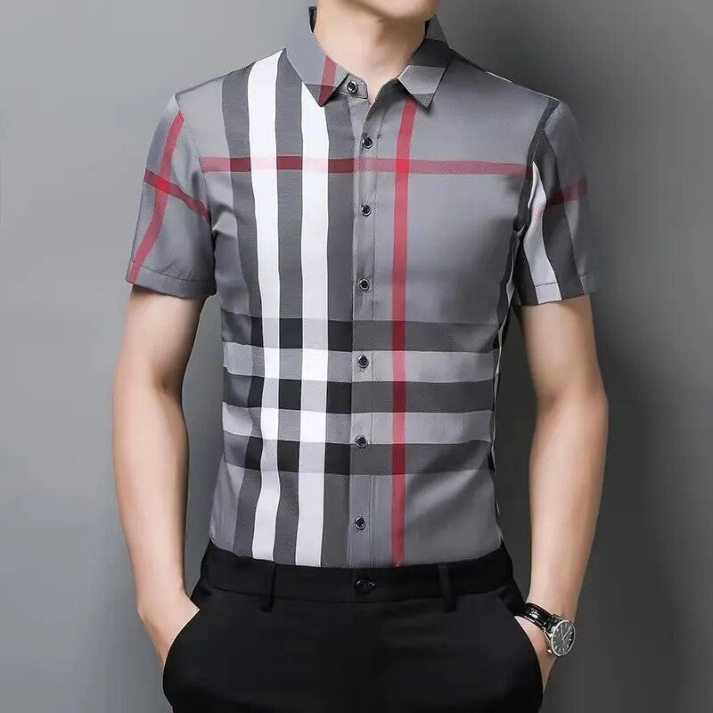 Men's Plaid Shirt Short Sleeve Engineered Stripe Button Down Gingham Shirts T-xu