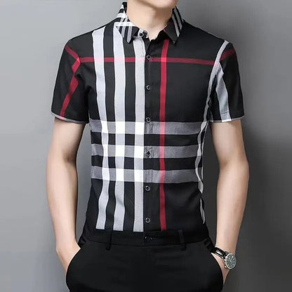 Men's Plaid Shirt Short Sleeve Engineered Stripe Button Down Gingham Shirts T-xu