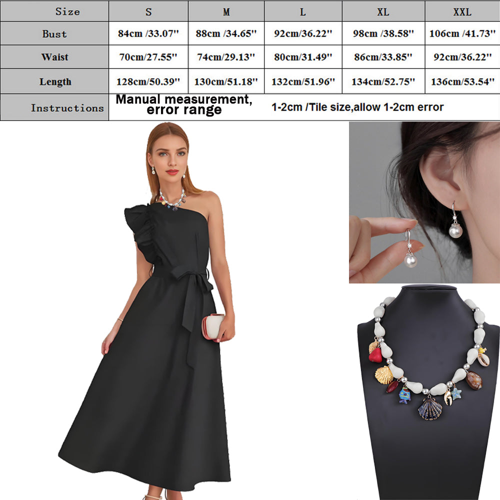 One Shoulder Ruffle Mini Dress Black Long skirt dress, wooden ear belt dress, bridesmaid toast dress With 999 sterling silver earrings and necklace