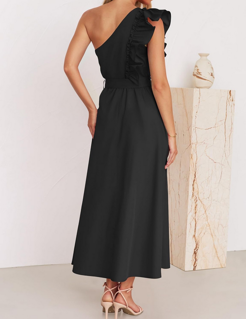 One Shoulder Ruffle Mini Dress Black Long skirt dress, wooden ear belt dress, bridesmaid toast dress With 999 sterling silver earrings and necklace