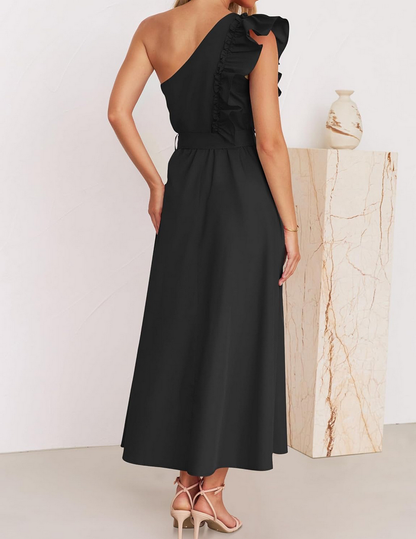 One Shoulder Ruffle Mini Dress Black Long skirt dress, wooden ear belt dress, bridesmaid toast dress With 999 sterling silver earrings and necklace